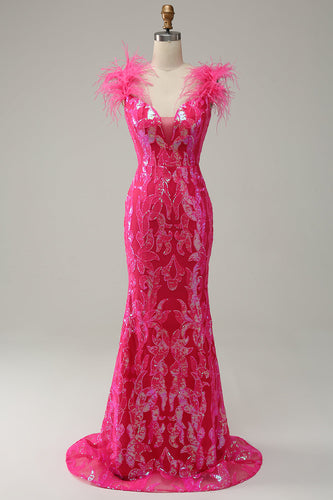 Havfrue Deep V Neck Fuchsia paljetter Long Prom kjole med fjær
