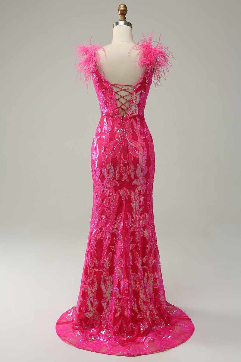 Load image into Gallery viewer, Havfrue Deep V Neck Fuchsia paljetter Long Prom kjole med fjær