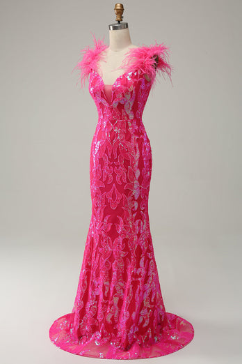 Havfrue Deep V Neck Fuchsia paljetter Long Prom kjole med fjær