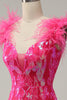 Load image into Gallery viewer, Havfrue Deep V Neck Fuchsia paljetter Long Prom kjole med fjær
