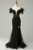 Load image into Gallery viewer, Av skulderen Black Mermaid Prom kjole med fjær