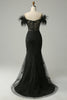 Load image into Gallery viewer, Av skulderen Black Mermaid Prom kjole med fjær
