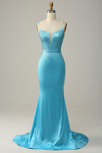Havfrue Spaghetti stropper Blå Beaded Prom kjole