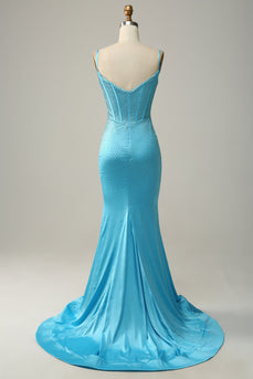 Havfrue Spaghetti stropper Blå Beaded Prom kjole