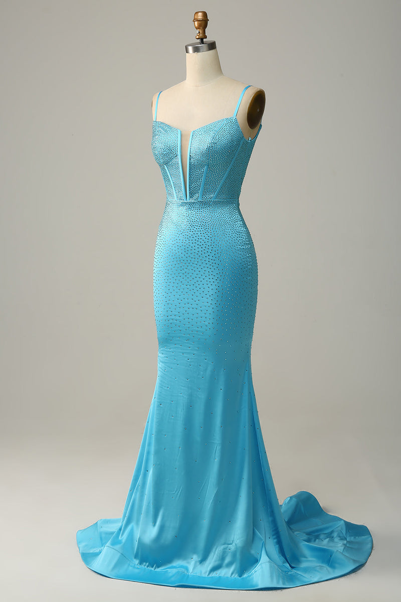 Load image into Gallery viewer, Havfrue Spaghetti stropper Blå Beaded Prom kjole