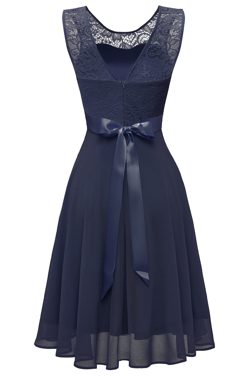 Load image into Gallery viewer, marineblå rund hals blonder kjole med åpen rygg