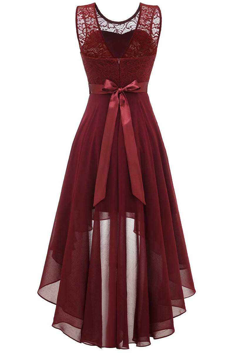 Load image into Gallery viewer, høy lav rund nakke burgunder blonder kjole med bowknot
