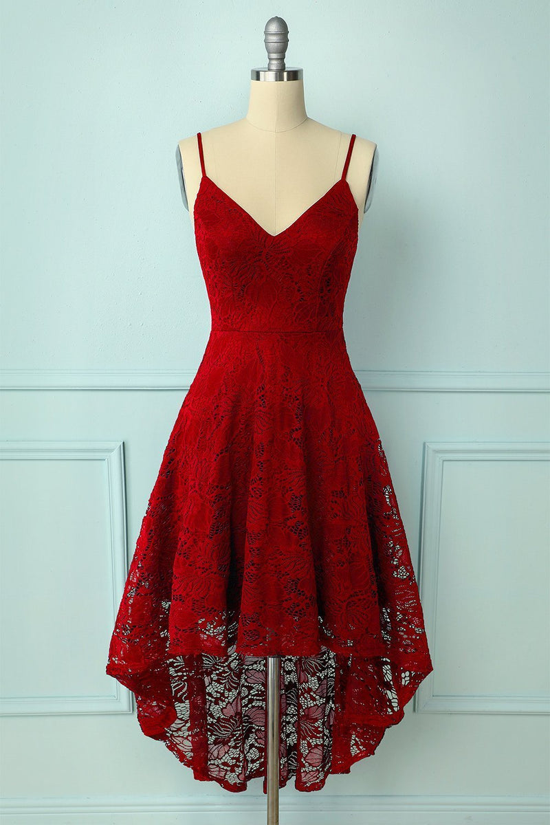 Load image into Gallery viewer, burgunder høy lav blonder pluss størrelse kjole