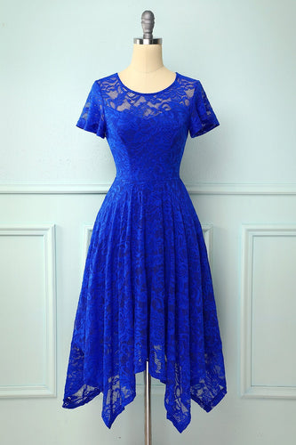 asymmetrisk kongelig blå blonder kjole