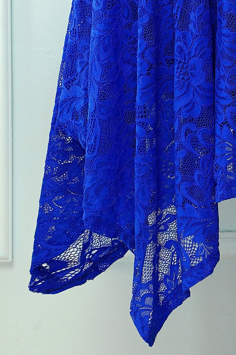 Load image into Gallery viewer, asymmetrisk kongelig blå blonder kjole