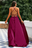 A-Line Spaghetti stropper Backless Long Satin Prom kjole med Slit