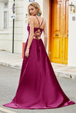 Fuchsia A Line Spaghetti stropper Long Prom Kjole med Appliques