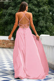 A-Line Spaghetti stropper Backless Long Satin Prom kjole med Slit