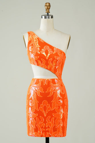 Orange One Shoulder Glitter Homecoming Dress med Hollow-out