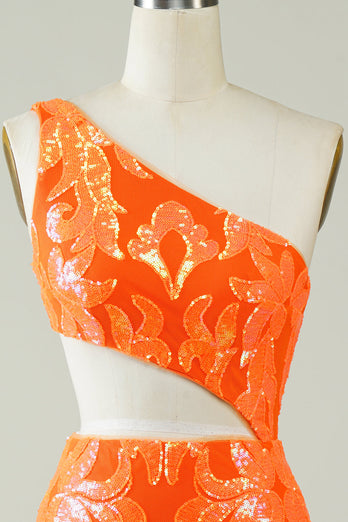Orange One Shoulder Glitter Homecoming Dress med Hollow-out
