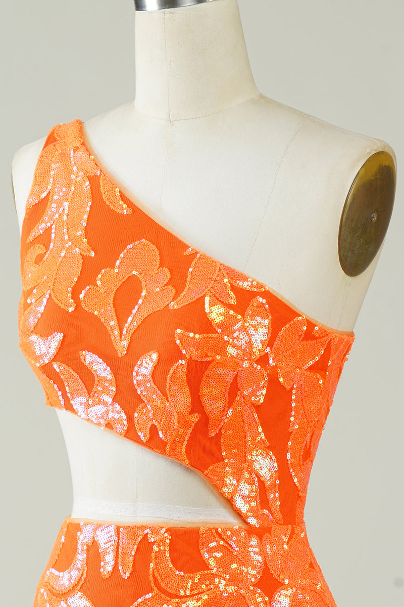 Load image into Gallery viewer, Orange One Shoulder Glitter Homecoming Dress med Hollow-out