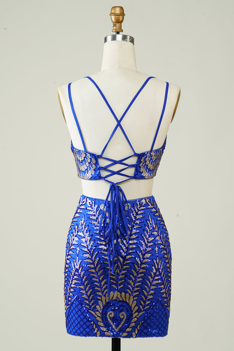 Load image into Gallery viewer, Royal Blue Two Piece Glitter Tight Homecoming Dress