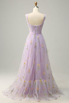 A-Line Square Neck Purple Long Prom kjole med broderi
