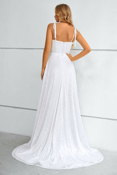 Hvit spaghetti stropper Bowknot Prom kjole med spalte