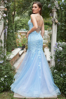 Havfrue Deep V Neck Blue Long Prom kjole med Criss Cross Back