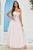 Load image into Gallery viewer, Stroppeløs A Line Pink Tylle Prom kjole med applikasjoner