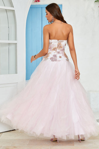 Stroppeløs A Line Pink Tylle Prom kjole med applikasjoner