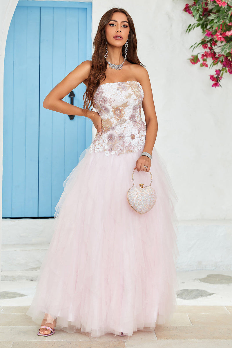 Load image into Gallery viewer, Stroppeløs A Line Pink Tylle Prom kjole med applikasjoner