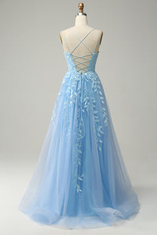 En Line Spaghetti stropper Long Blue Prom kjole med Appliques