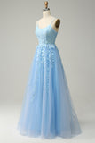 En Line Spaghetti stropper Long Blue Prom kjole med Appliques