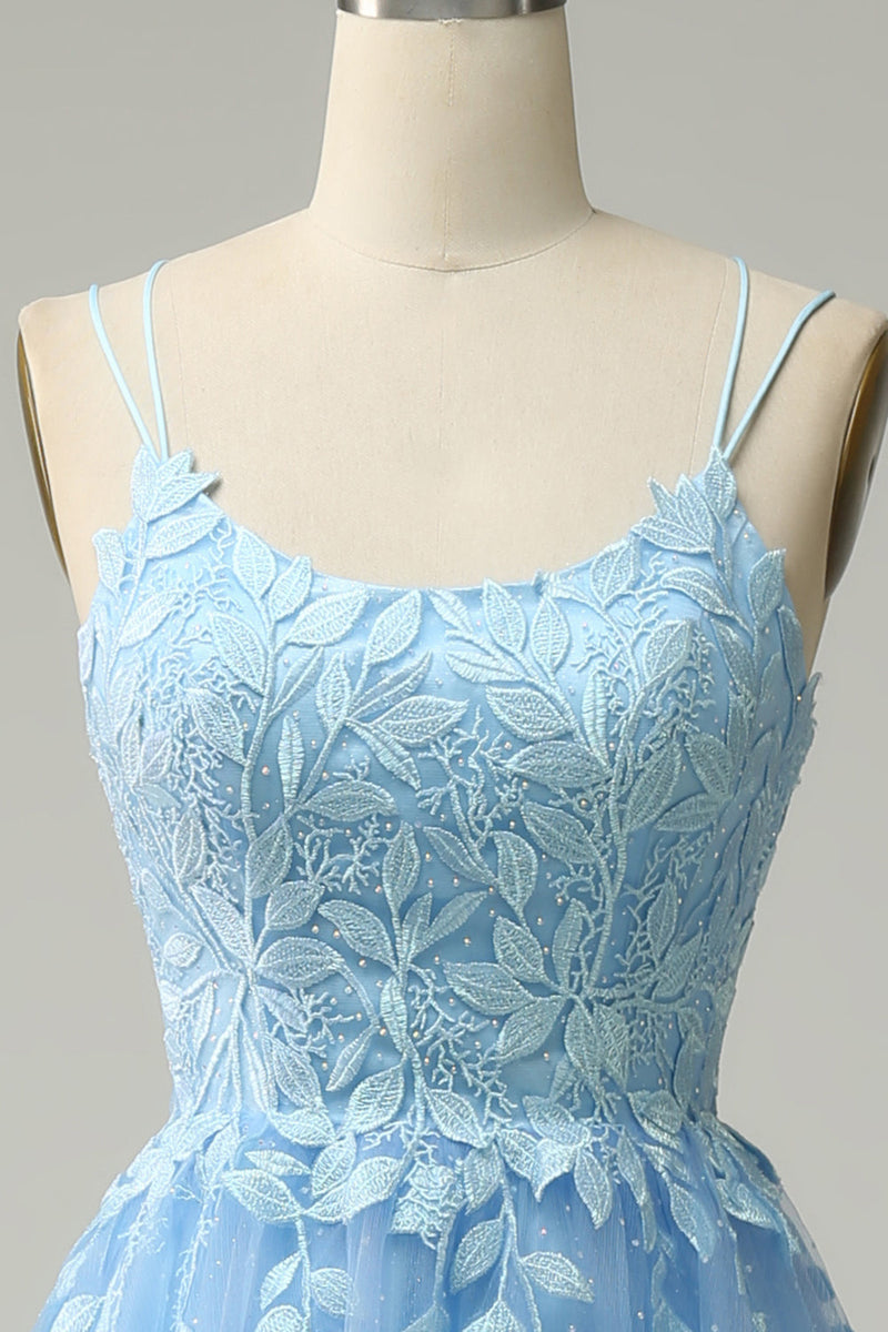 Load image into Gallery viewer, En Line Spaghetti stropper Long Blue Prom kjole med Appliques