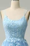 En Line Spaghetti stropper Long Blue Prom kjole med Appliques