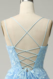 En Line Spaghetti stropper Long Blue Prom kjole med Appliques