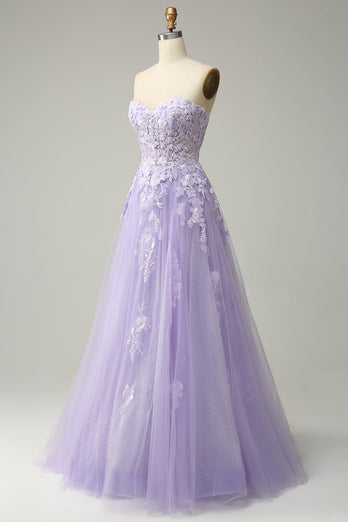 A Line Spaghetti stropper Long Purple Prom kjole med Appliques