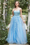 En Line Spaghetti stropper Long Blue Prom kjole med Appliques
