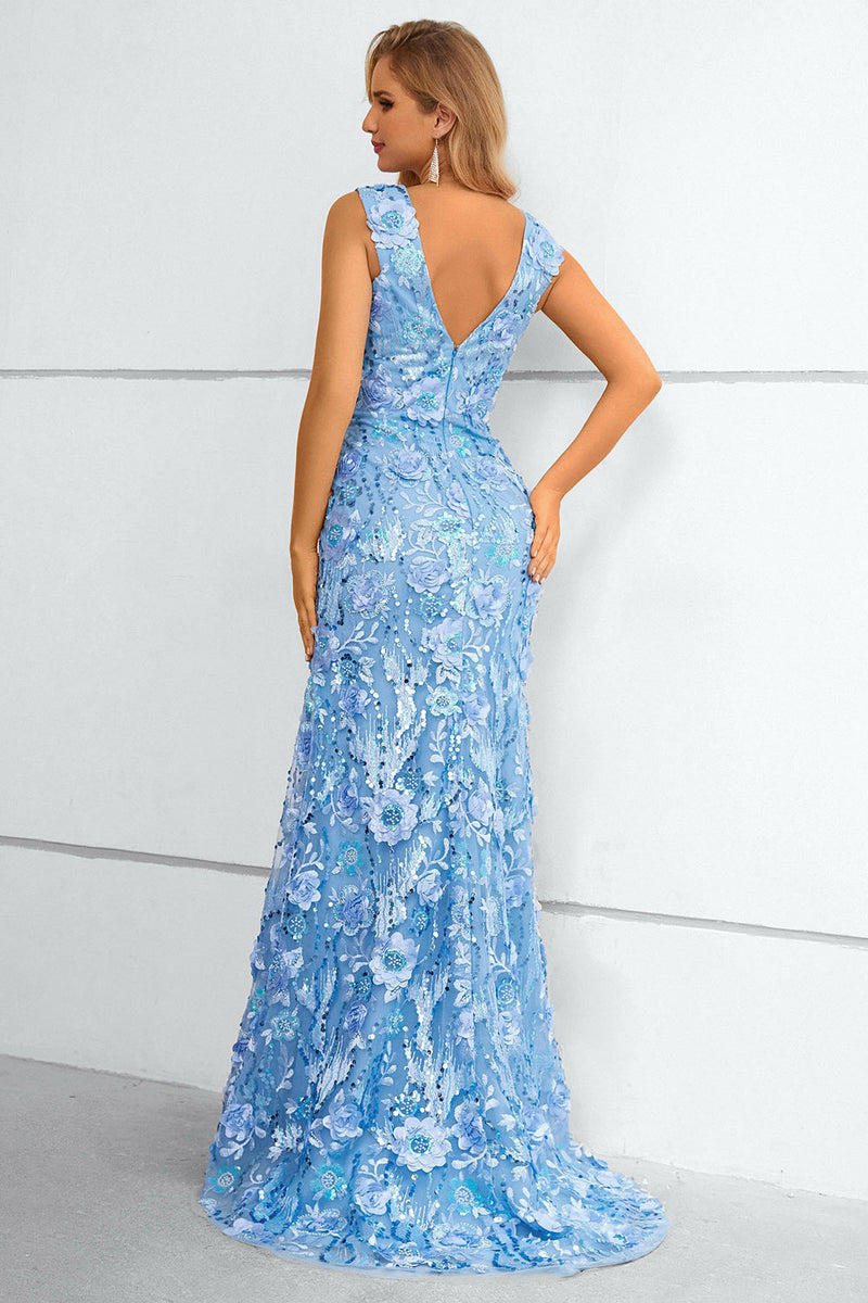 Load image into Gallery viewer, Blå V-hals havfrue prom kjole med blomster og appliques