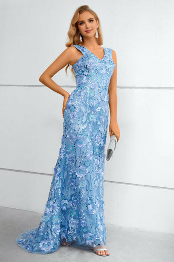 Blå V-hals havfrue prom kjole med blomster og appliques
