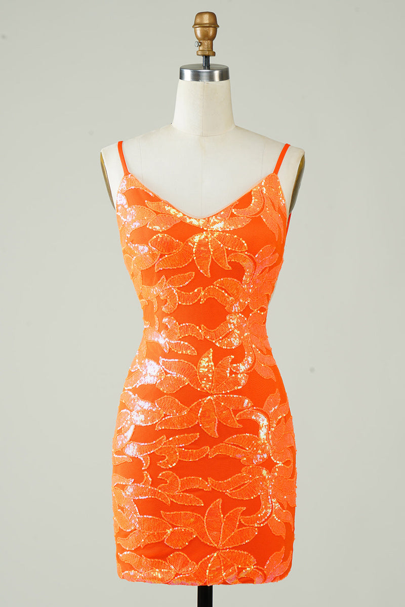 Load image into Gallery viewer, Orange Glitter Tight Homecoming Dress med ryggløs