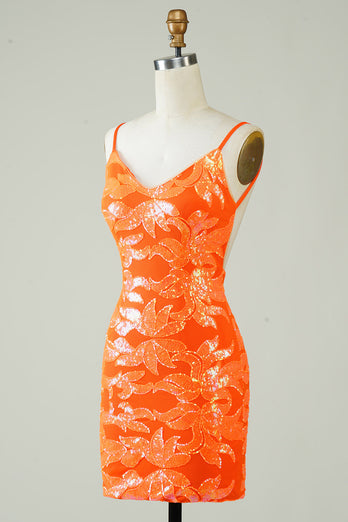 Orange Glitter Tight Homecoming Dress med ryggløs