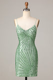 Club Chic Sheath Spaghetti stropper Green Sequins Kort Homecoming kjole med Criss Cross Back