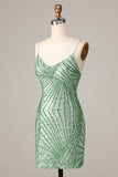 Club Chic Sheath Spaghetti stropper Green Sequins Kort Homecoming kjole med Criss Cross Back