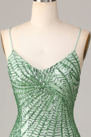 Club Chic Sheath Spaghetti stropper Green Sequins Kort Homecoming kjole med Criss Cross Back