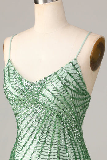Club Chic Sheath Spaghetti stropper Green Sequins Kort Homecoming kjole med Criss Cross Back