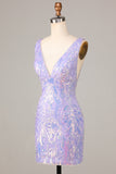 Lost In Your Eyes Bodycon V-Neck Lilac Sequins Kort Homecoming Dress