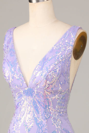 Lost In Your Eyes Bodycon V-Neck Lilac Sequins Kort Homecoming Dress