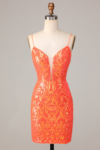 Sparkle 'til Dawn Bodycon Spaghetti stropper Orange paljetter Kort Homecoming kjole