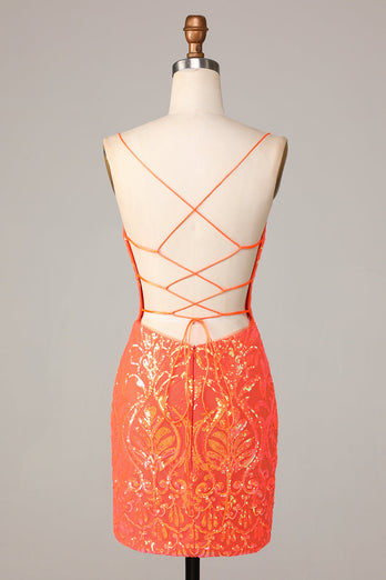 Sparkle 'til Dawn Bodycon Spaghetti stropper Orange paljetter Kort Homecoming kjole