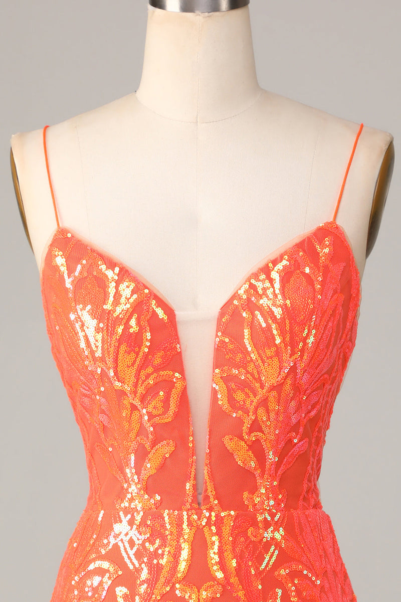 Load image into Gallery viewer, Sparkle &#39;til Dawn Bodycon Spaghetti stropper Orange paljetter Kort Homecoming kjole