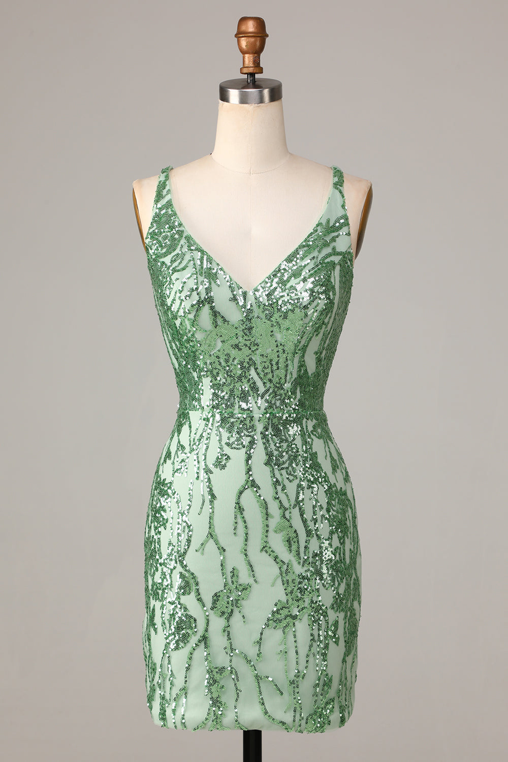 Making Magic Sheath V-Neck Green Sequins Kort Homecoming kjole med ryggløs