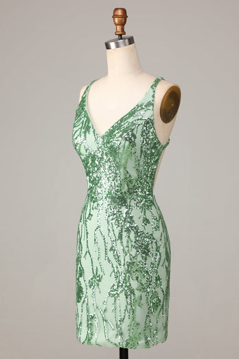 Making Magic Sheath V-Neck Green Sequins Kort Homecoming kjole med ryggløs