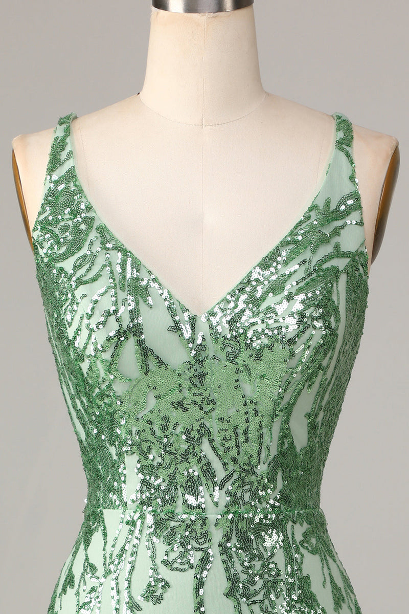 Load image into Gallery viewer, Making Magic Sheath V-Neck Green Sequins Kort Homecoming kjole med ryggløs